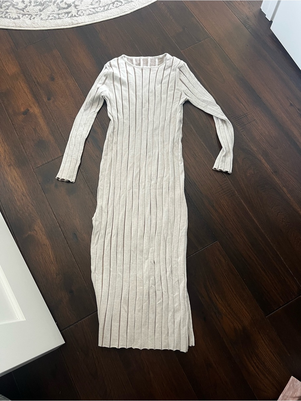 Ribbed Long Sleeve slit hem Midi Dress in Cream
